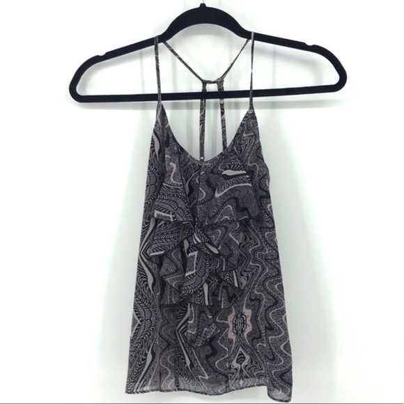 Guess Ruffle Front Open Back  Black Artistic Pattern Tank Top Size XS - Picture 2 of 5